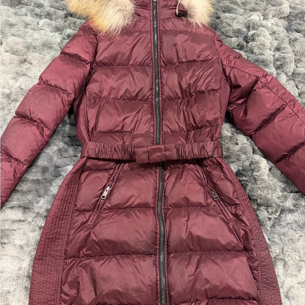 Burberry Maroon Puffer Jacket with Fur Collar